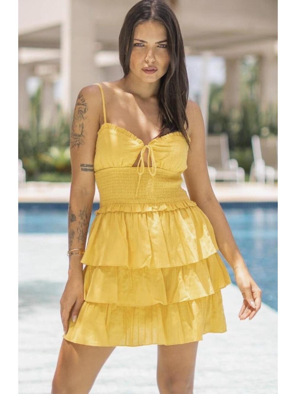 Verte Mustard Yellow Tiered Ruffle Spaghetti Strap Mini S